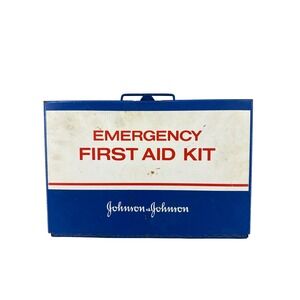 Vintage Johnson & Johnson Blue Metal Emergency First Aid Kit Box Old First Aid